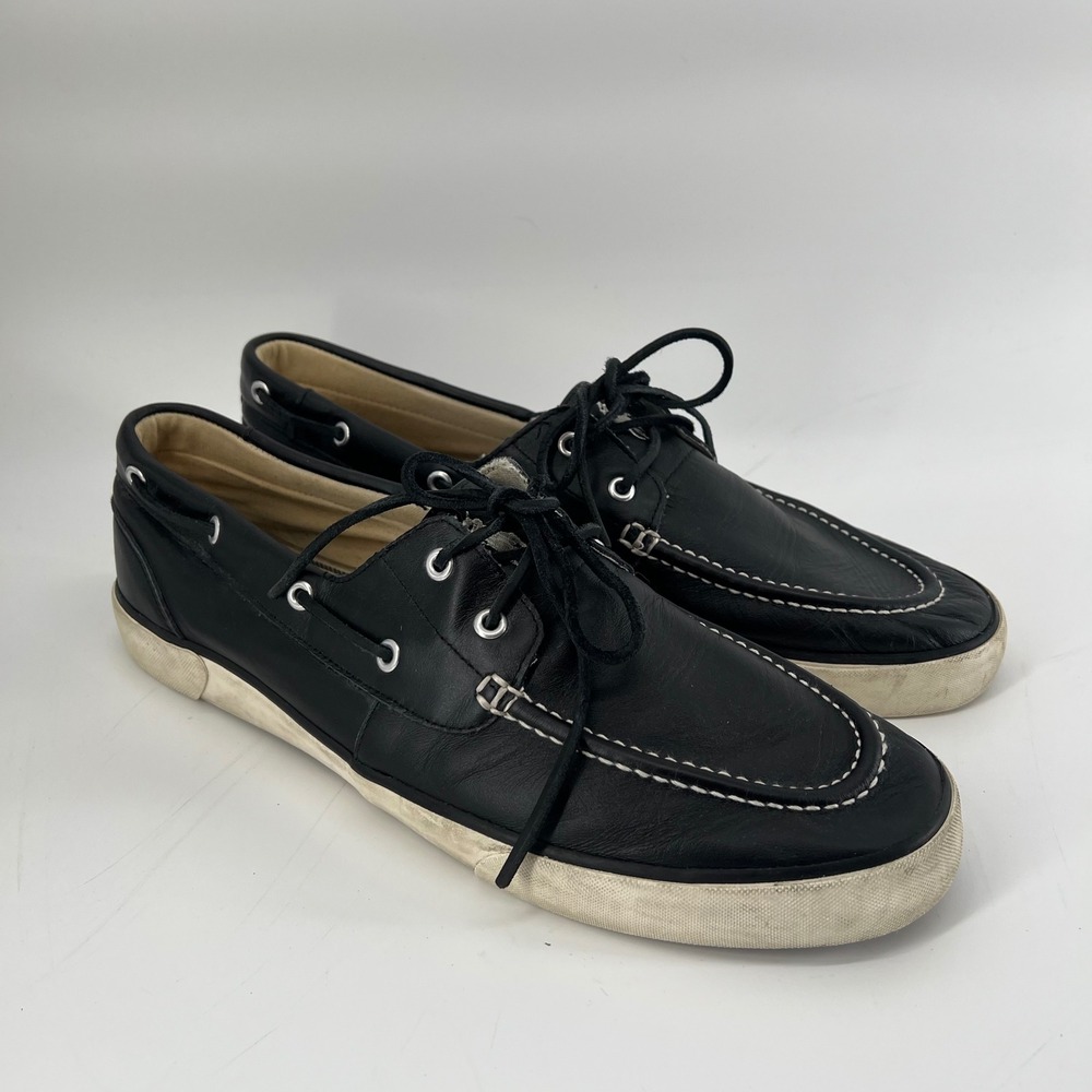 Polo Ralph Lauren Sander Mens 14D Black Leather Boat Shoes Sneakers 0200001087‎